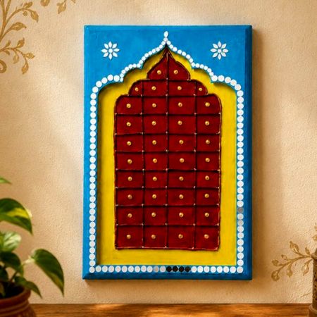 Handcrafted MDF Jharokha Wall Art in Blue Red and Yellow